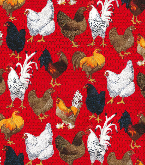 Red rooster toile fabric country peacock chickens from Brick House