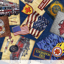 Load image into Gallery viewer, QT Fabrics - American Heroes Firefighter - Overlapping Patches Navy - 1/2 YARD CUT