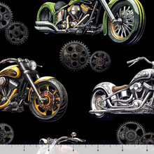 Load image into Gallery viewer, QT Fabrics - Heavy Metal - Motorcycles Black - 1/2 YARD CUT