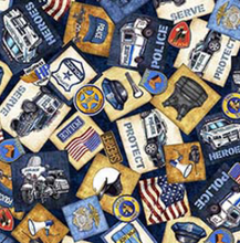 Load image into Gallery viewer, QT Fabrics - American Heroes Police - Overlapping Patches - 1/2 YARD CUT