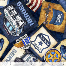 Load image into Gallery viewer, QT Fabrics - American Heroes Police - Overlapping Patches - 1/2 YARD CUT