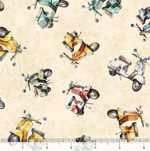 Load image into Gallery viewer, QT Fabrics - Globetrotter - Scooters Cream- 1/2 YARD CUT