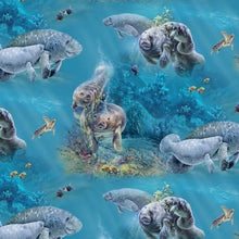 Load image into Gallery viewer, manatees sea turtles ocean life under the sea saltwater coral aqua blue elizabeths studio fabric