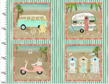 Load image into Gallery viewer, beach travel camper bus van life scooter vespa Volkswagen beach shacks stripes block patch panel sand waves ocean 3 wishes fabric