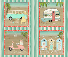 Load image into Gallery viewer, beach travel camper bus van life scooter vespa Volkswagen beach shacks stripes block patch panel sand waves ocean 3 wishes fabric