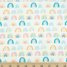 Load image into Gallery viewer, blue pink orange yellow rainbows white summer lovin dear Stella fabric