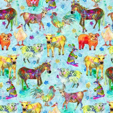 Load image into Gallery viewer, cow chicken rooster horse goat pig duck allover animals living room p b textiles fabric designs prints