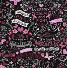 Load image into Gallery viewer, pink ribbon black chalkboard breast cancer awareness survivor survival keep calm and fight on believe in miracles dream big pink ribbon medical flowers hearts timeless treasures fabric