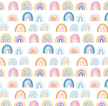 Load image into Gallery viewer, blue pink orange yellow rainbows white summer lovin dear Stella fabric