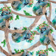 Load image into Gallery viewer, koala bears blue watercolor paint floral trees turquoise 3 wishes fabric