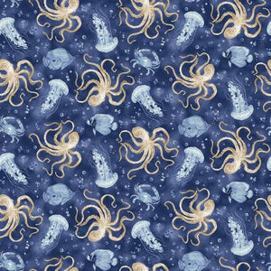 Henry Glass & Co - Cobalt Seas - Navy Ocean Life Toss - 1/2 YARD CUT