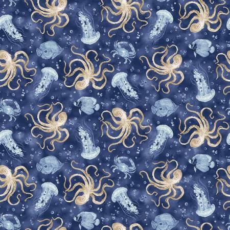 Henry Glass & Co - Cobalt Seas - Navy Ocean Life Toss - 1/2 YARD CUT