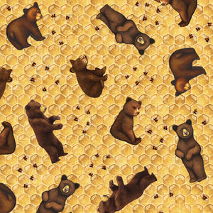 QT Fabrics - Sweet as Honey - Bear and Honeycomb Toss - 1/2 YARD CUT