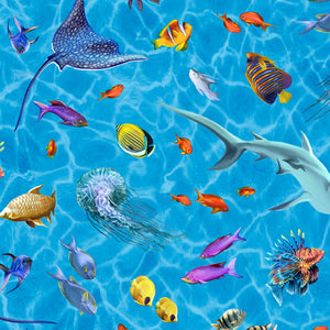 QT Fabrics - Treasures at Sea - Spaced Sealife Lt Blue - 1/2 YARD CUT