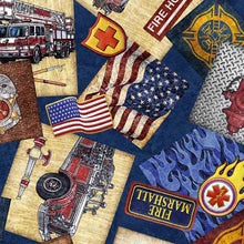 Load image into Gallery viewer, QT Fabrics - American Heroes Firefighter - Overlapping Patches - 1/2 YARD CUT
