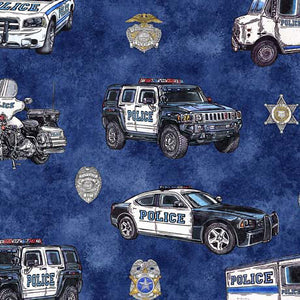 QT Fabrics - American Heroes Police - Police Cars - 1/2 YARD CUT