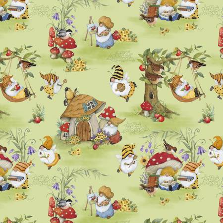 Wilmington Prints - Buzzin with My Gnome-iezz - Green Gnomes All Over - 1/2 YARD CUT