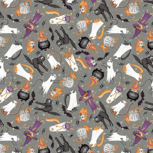 Windham Fabrics - Scaredy Cats - Grey Trick or Treat - 1/2 YARD CUT