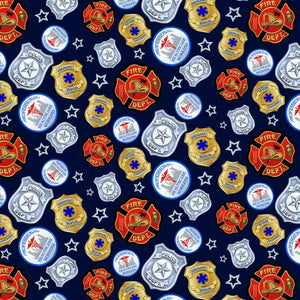 Henry Glass & Co - To the Rescue - Navy Badges - 1/2 YARD CUT