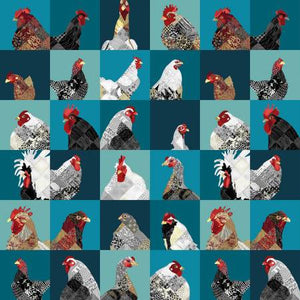 Studio E - Zooming Chickens - Teal-Red 4-inch Blocks - 1/2 YARD CUT