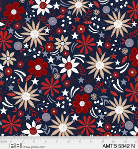 P&B Textiles - America the Beautiful - Patriotic Flowers Navy - 1/2 YARD CUT