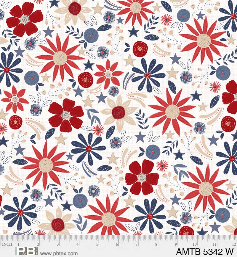P&B Textiles - America the Beautiful - Patriotic Flowers White - 1/2 YARD CUT