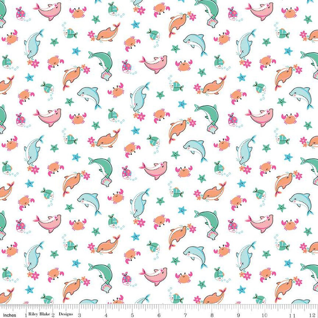 Riley Blake - Mer-Mazing - Sea Creatures White - 1/2 YARD CUT