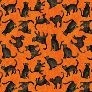 Clothworks - All Hallows Eve - Cats on Orange - 1/2 YARD CUT