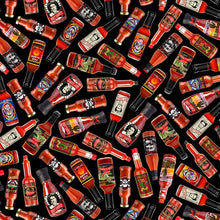 Load image into Gallery viewer, Timeless Treasures - In Queso Emergency - Folklore Mexican Hot Sauce Bottles - 1/2 YARD CUT
