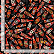Load image into Gallery viewer, Timeless Treasures - In Queso Emergency - Folklore Mexican Hot Sauce Bottles - 1/2 YARD CUT
