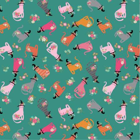 Poppie Cotton - Kitty Loves Candy - Cats in Hats Teal - 1/2 YARD CUT