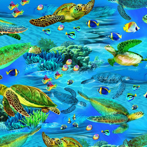 Timeless Treasures - Deep Blue Sea - Realistic Sea Turtle & Sea Life - 1/2 YARD CUT