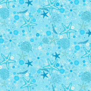 Timeless Treasures - Electric Ocean - Starfish & Sand Dollars Aqua - 1/2 YARD CUT