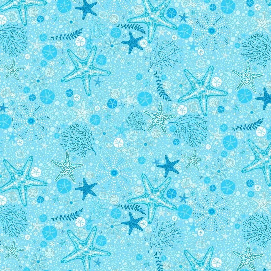 Timeless Treasures - Electric Ocean - Starfish & Sand Dollars Aqua - 1/2 YARD CUT