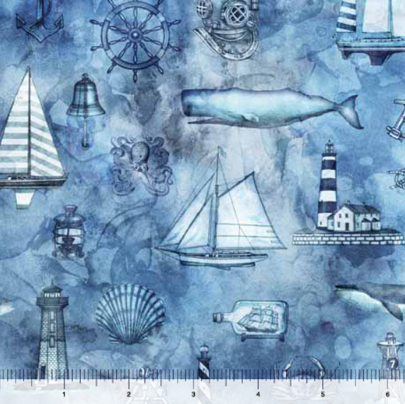 QT Fabrics - Siren's Call - Coastal Collage Blue - 1/2 YARD CUT