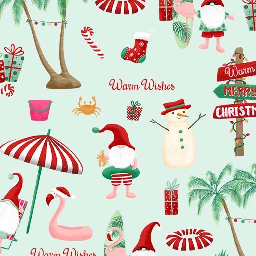 Michael Miller - Holiday Gnomes - Deck the Palms Seafoam - 1/2 YARD CUT