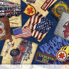 Load image into Gallery viewer, QT Fabrics - American Heroes Firefighter - Overlapping Patches - 1/2 YARD CUT
