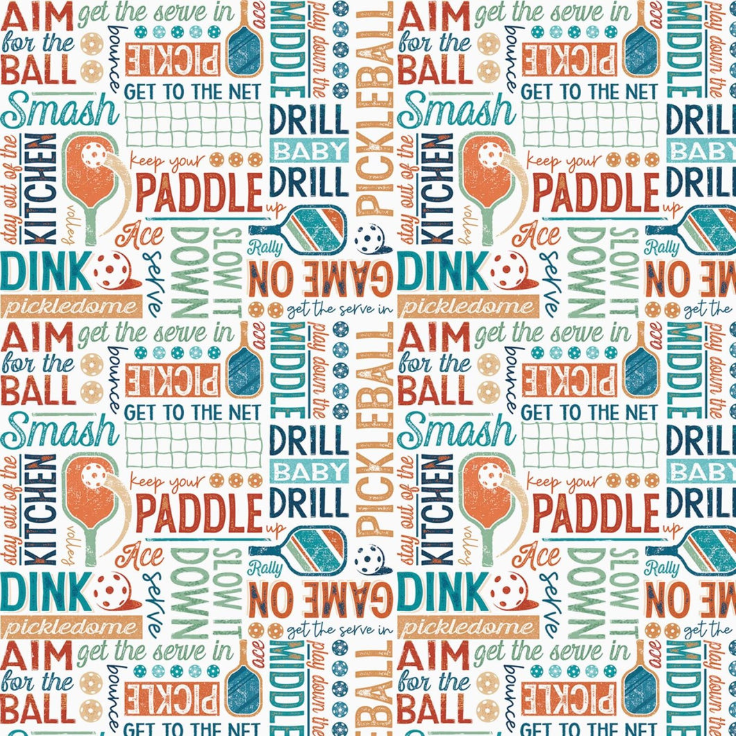 P&B Textiles - Pickleball Champ - 4-Way Text White - 1/2 YARD CUT