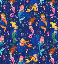 Load image into Gallery viewer, Fabric Traditions - Mermaids on Blue - 1/2 YARD CUT
