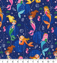 Load image into Gallery viewer, Fabric Traditions - Mermaids on Blue - 1/2 YARD CUT
