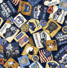 Load image into Gallery viewer, QT Fabrics - American Heroes Police - Overlapping Patches - 1/2 YARD CUT
