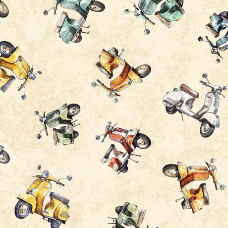 QT Fabrics - Globetrotter - Scooters Cream- 1/2 YARD CUT
