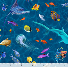 Load image into Gallery viewer, QT Fabrics - Treasures at Sea - Spaced Sealife Dk Blue - 1/2 YARD CUT
