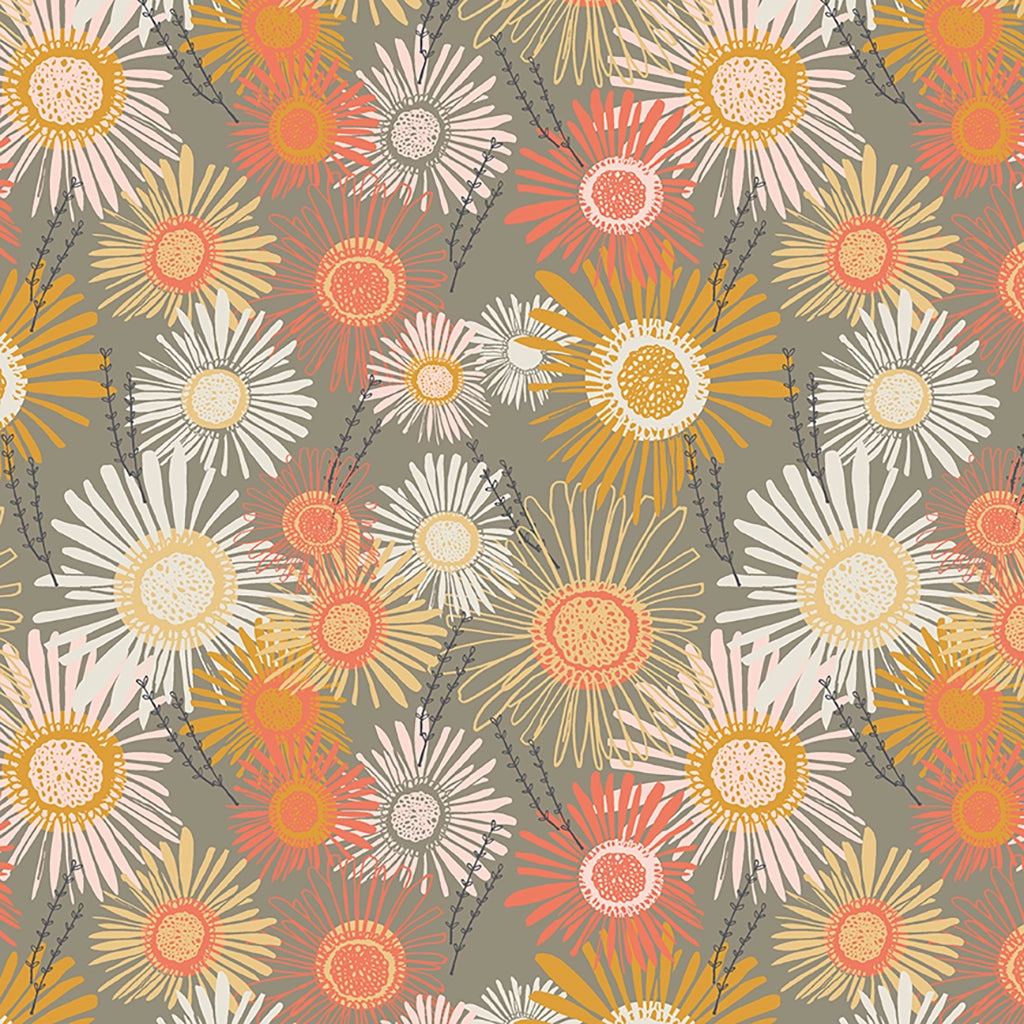 Clothworks - Cluck Cluck Bloom - Crazy Daisies Taupe - 1/2 YARD CUT