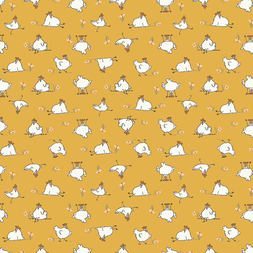 Clothworks - Cluck Cluck Bloom - Chickens Gold - 1/2 YARD CUT