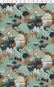 Clothworks - Explore - World Map Light Teal - 1/2 YARD CUT