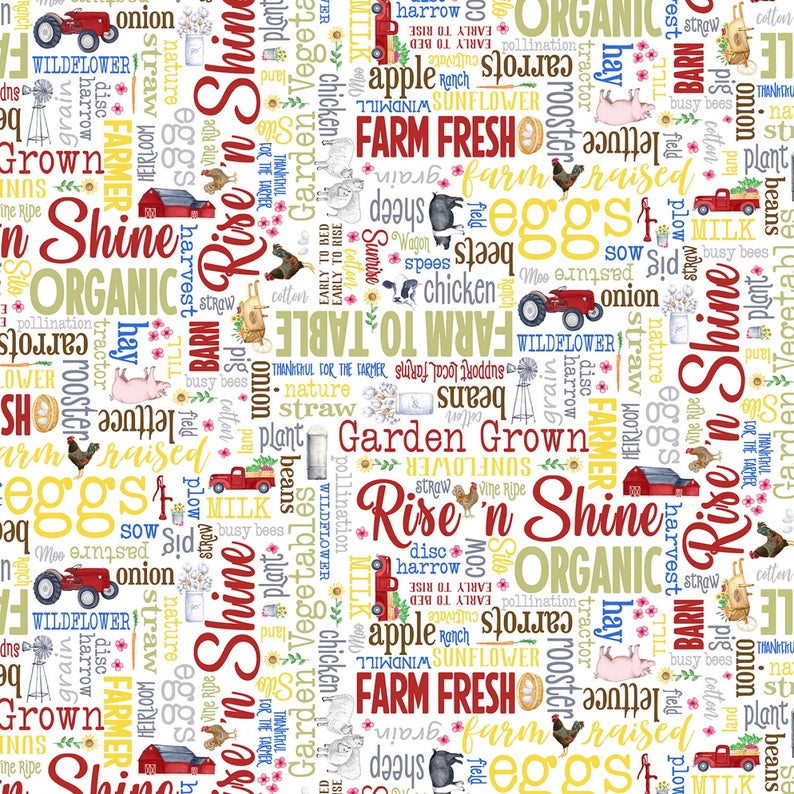 Kanvas - Farm Fresh - Words on White - 1/2 YARD CUT