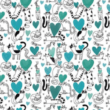 Load image into Gallery viewer, Contempo - Hearts &amp; Cats Teal - 1/2 YARD CUT
