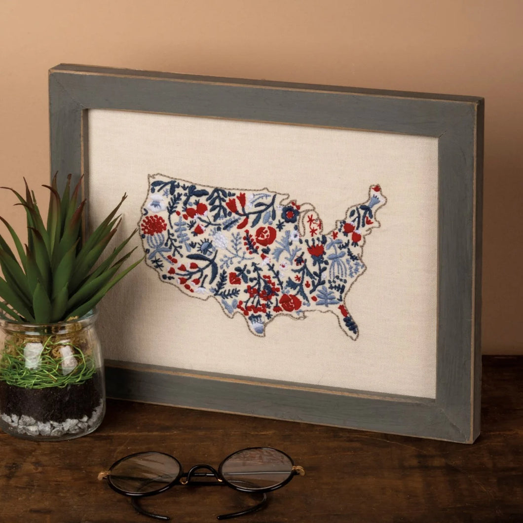 USA Floral Map Stitchery Wall Decor