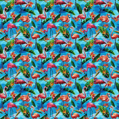Paintbrush Studio - Fabulous Flamingos - Blue - 1/2 YARD CUT